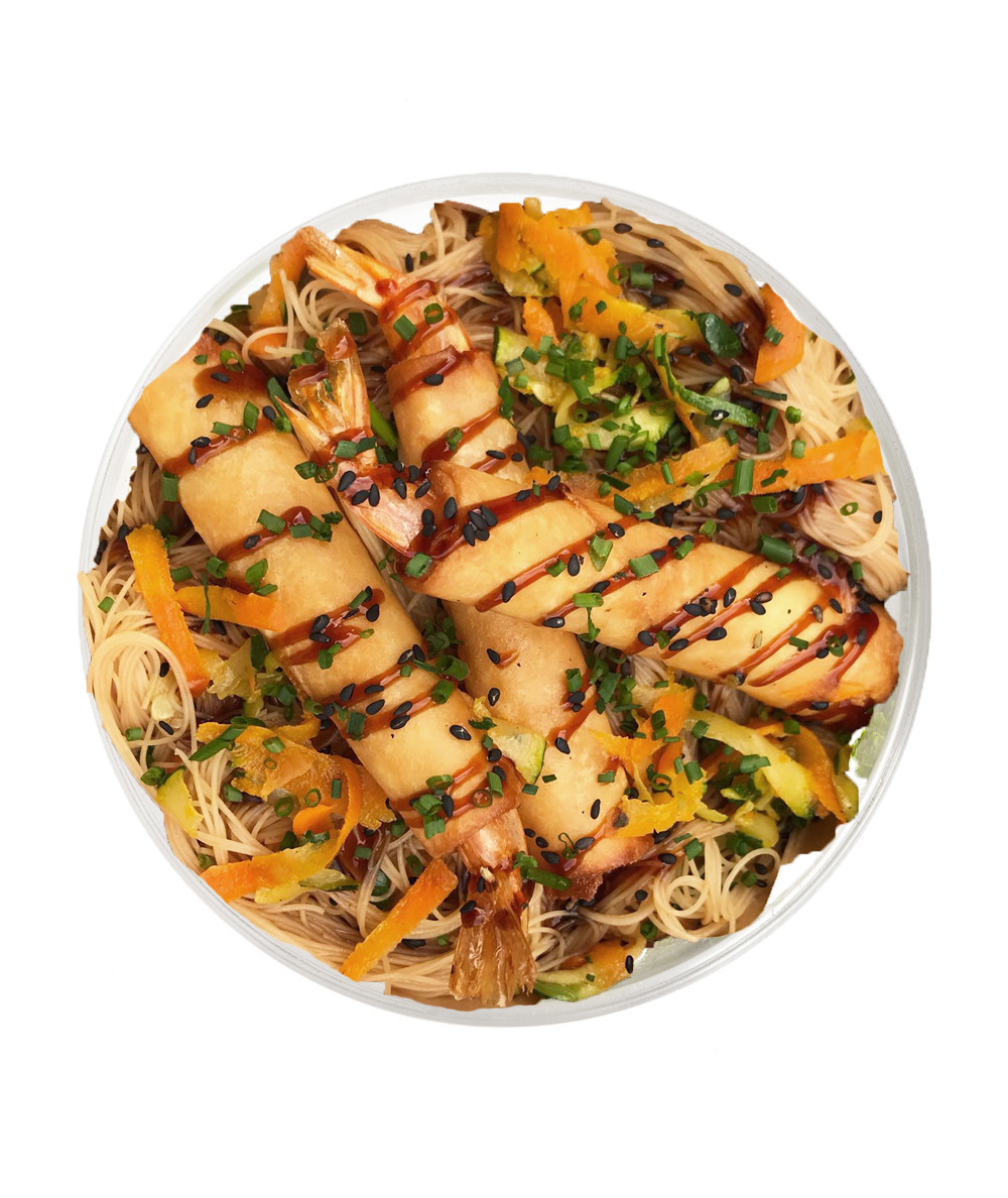 Rollitos Primavera de Gambas y Verduras con Wok de Fideos de Arroz