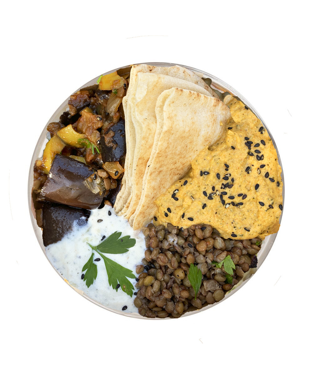 Mezze Platter: combinación de tres Hummus con Caponata Siciliana